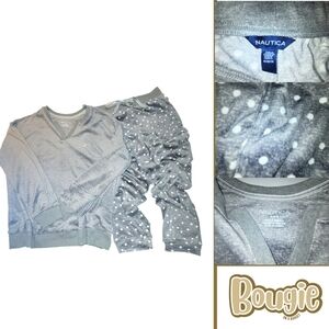 Nautica Fleece Pajama Set Grey White Polka Dot Pants V-Neck Top Soft Cozy